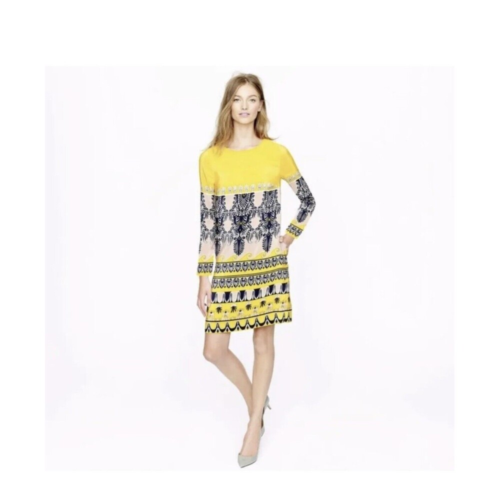 J. Crew Jules Dress in Scroll Print Navy Blue And Golden Yellow Size 8